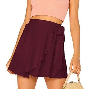 SheIn Women's Casual Elastic Waist Self Belted Overlap Skater Flared Wrap Short